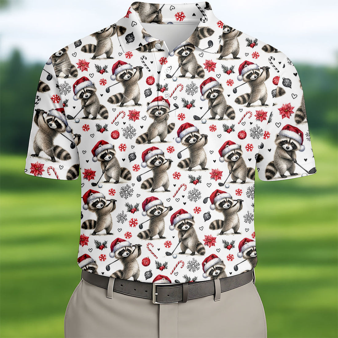 Christmas Raccoon Golfer Santa Hat Golf Polo Shirt, Mens Golf Shirts, Polo Shirts For Men