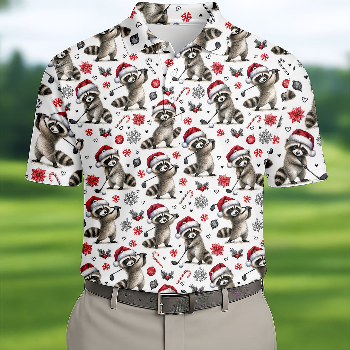 Christmas Raccoon Golfer Santa Hat Golf Polo Shirt, Mens Golf Shirts, Polo Shirts For Men