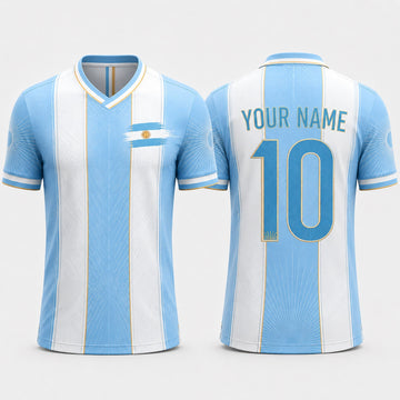 Argentinian Flag Sun Fooball Shirt, White Blue Stripes V-Neck For Men, Father's Day Presents
