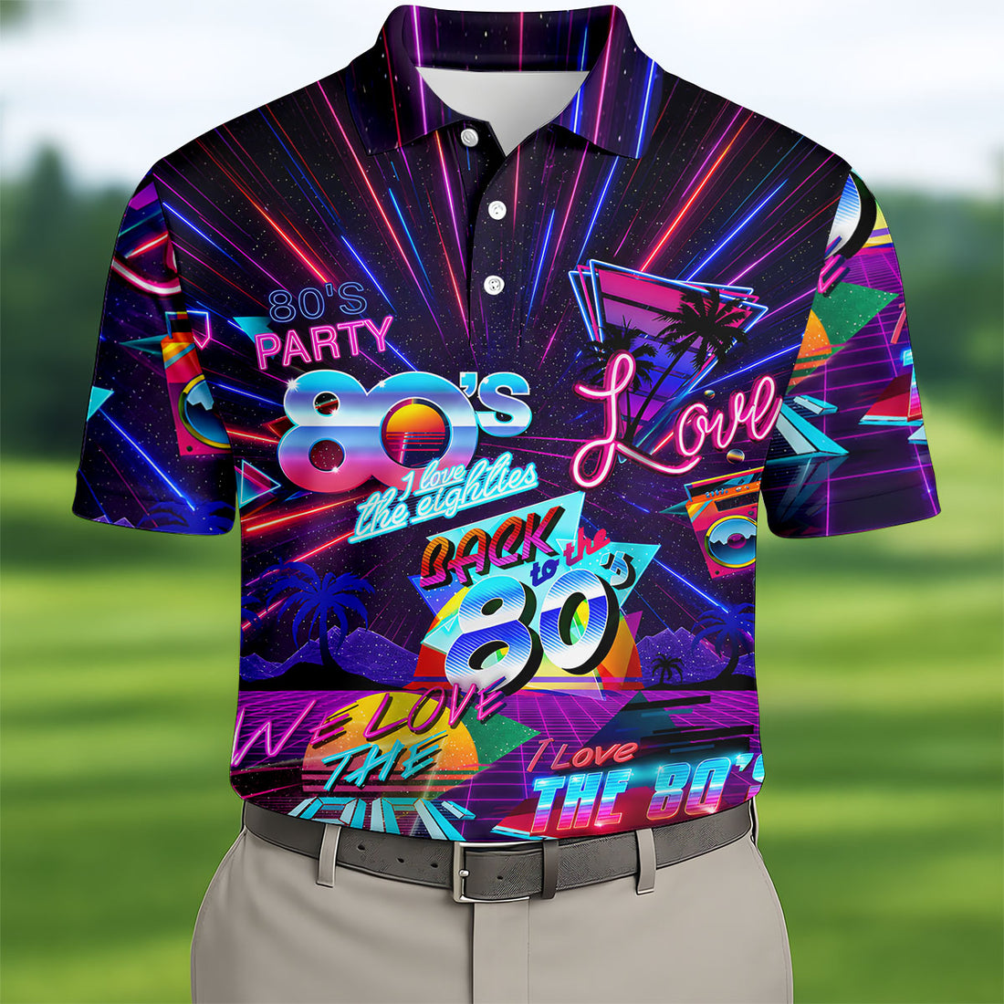 80s Retro Party Golf Shirt, Neon Synthwave Sunset Pattern, Golf Shirt For Men