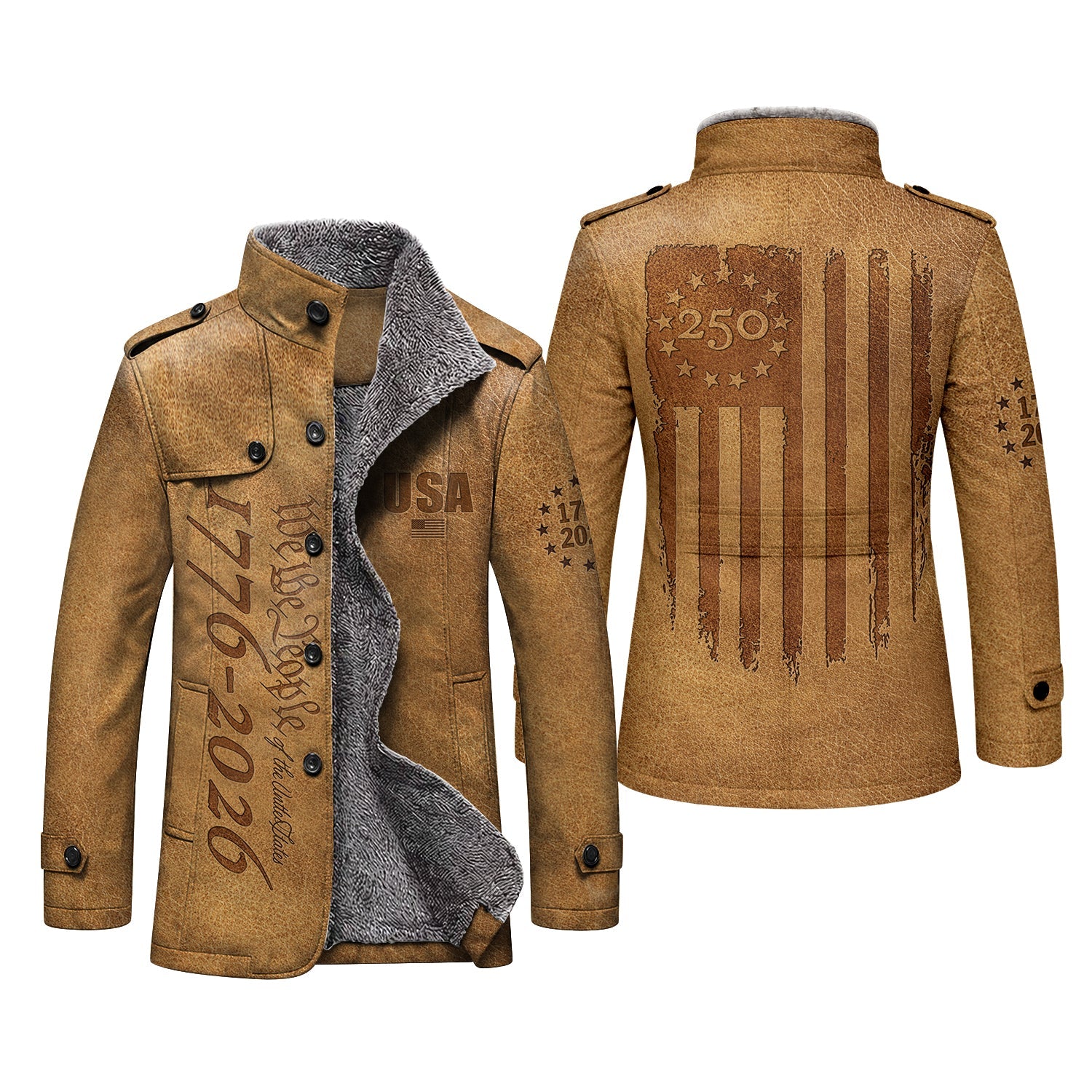 We The People 250 Years Silver Flag Men's Cold Premium Weather Jacket, Leather Trench Coat