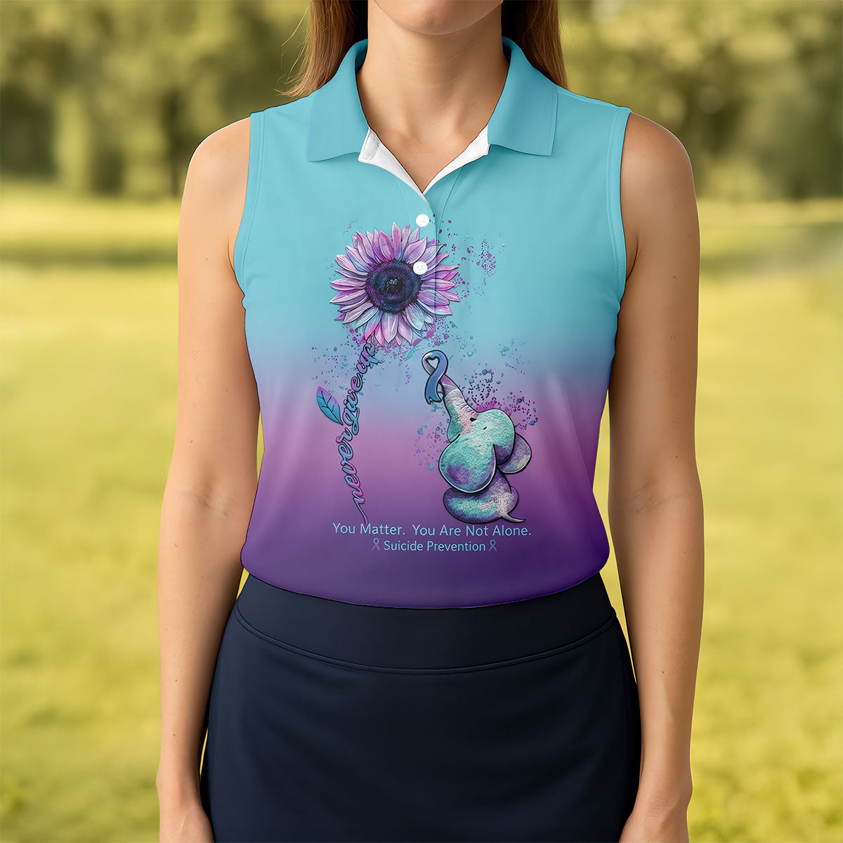 Never Give Up Elephant Sunflower Suicide Prevention Golf Shirts For Women, Ladies Golf Top