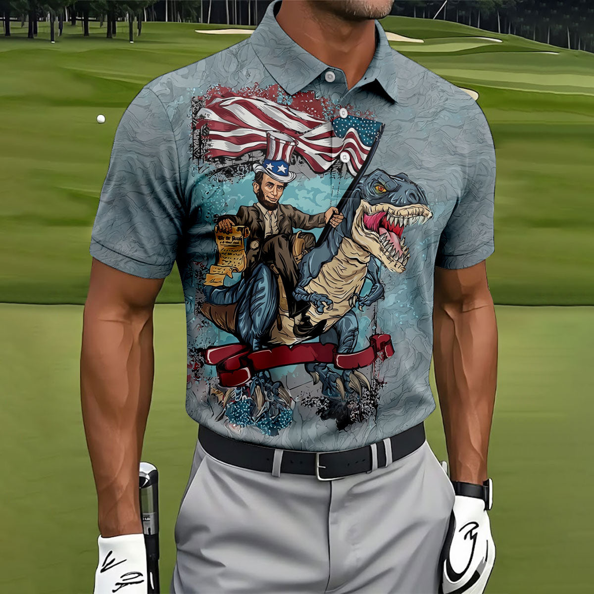 T-Rex Dinosaur US Flag Pattern 4th Of July Golf Shirt, Patriotic 250 Years Golf Shirts For Men
