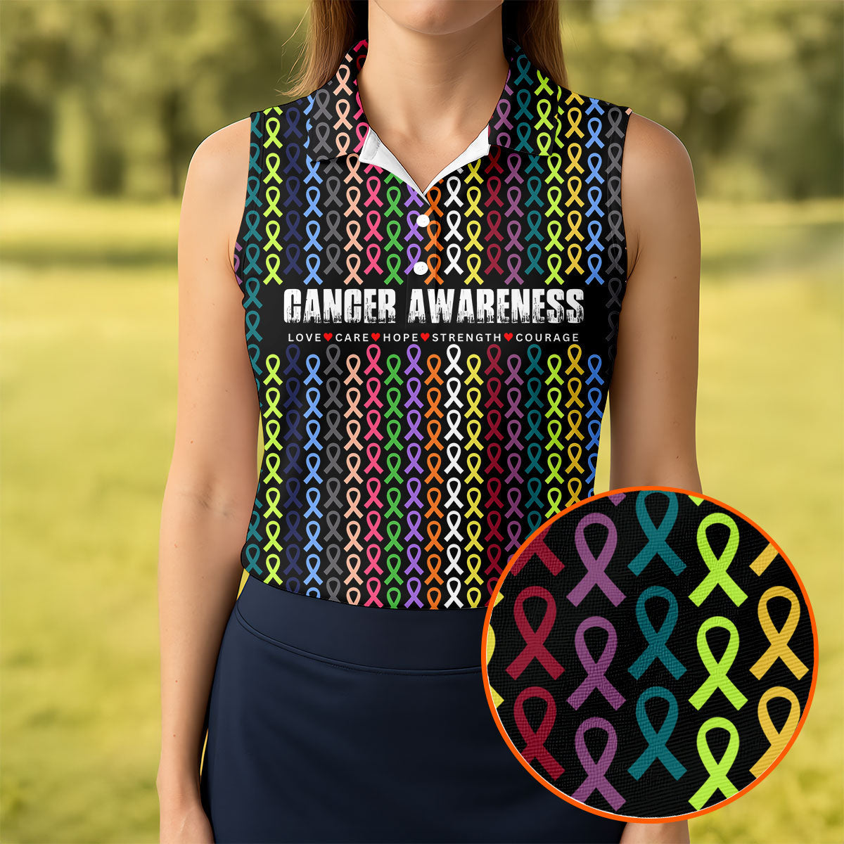 Multicolor Ribbon Cancer Awareness Polo Shirt, Womens Golf Tops, Women's Golf Apparel