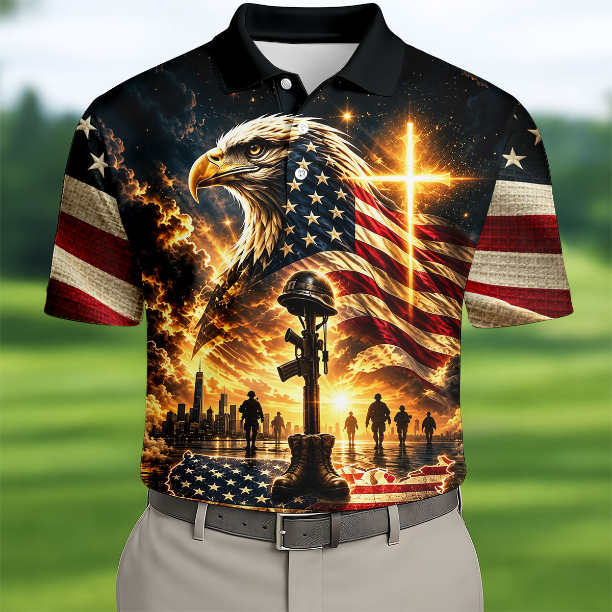 Eagle Cross Soldier Memorial Golf Polo Shirt, Veterans Day Shirt, Mens Golf Shirts