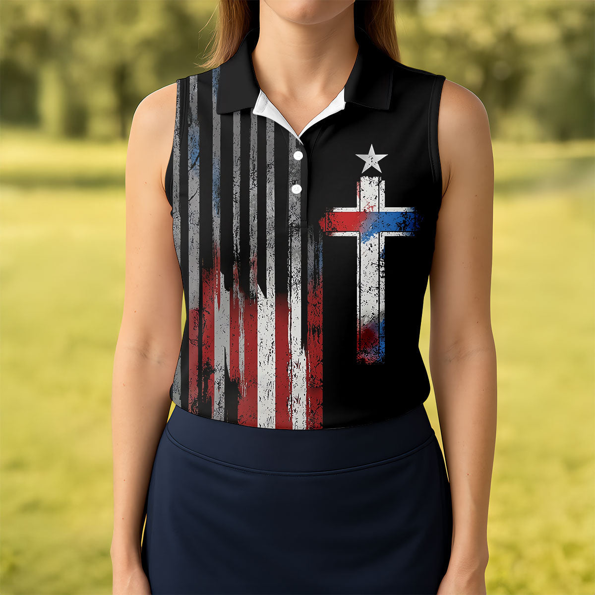 Faith Cross US Flag Golf Shirt, 250 Years Retro Golf Shirt, Patriotic 4th Of July Women's Golf Tops