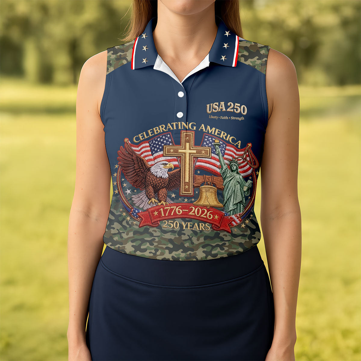 Liberty Faith Strength Faith Cross USA 250 Navy Camo Golf Shirt, 4th Of July Golf Shirt For Women
