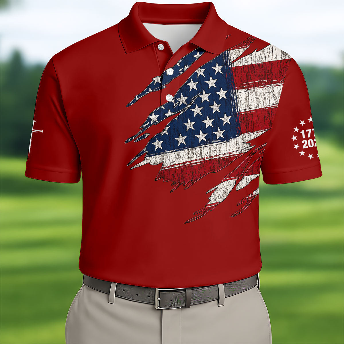 250th Anniversary Faith Cross Distressed USA Flag 4th Of July Golf Shirt, Patriotic Golf Shirt, Polo For Men