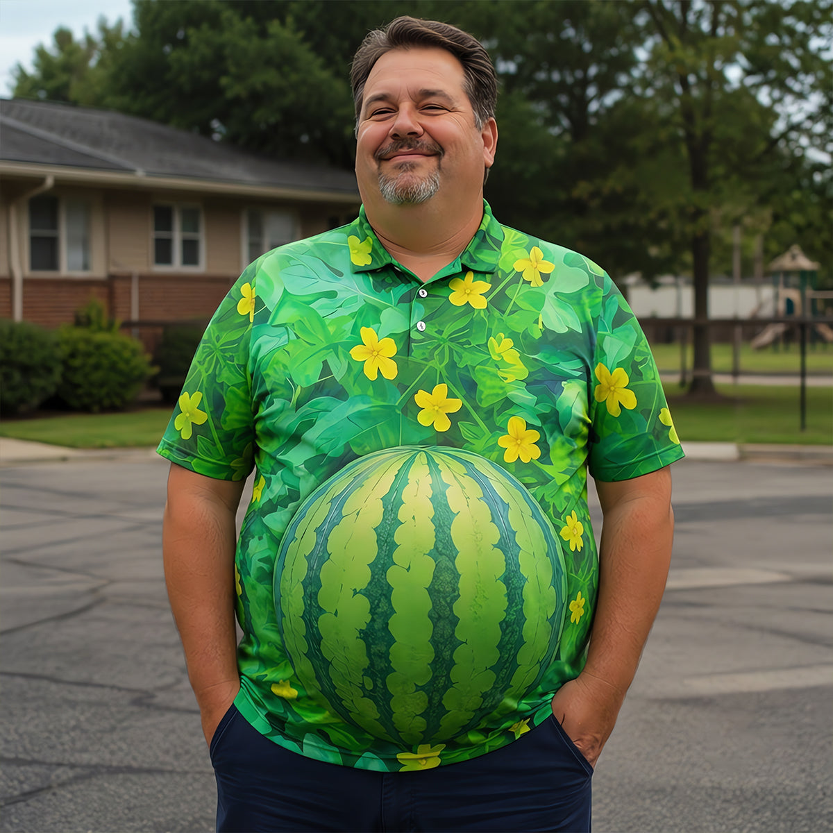 Funny Watermelon Belly Illusion Golf Polo Shirt, Mens Golf Polo, Hawaiian Golf Shirt