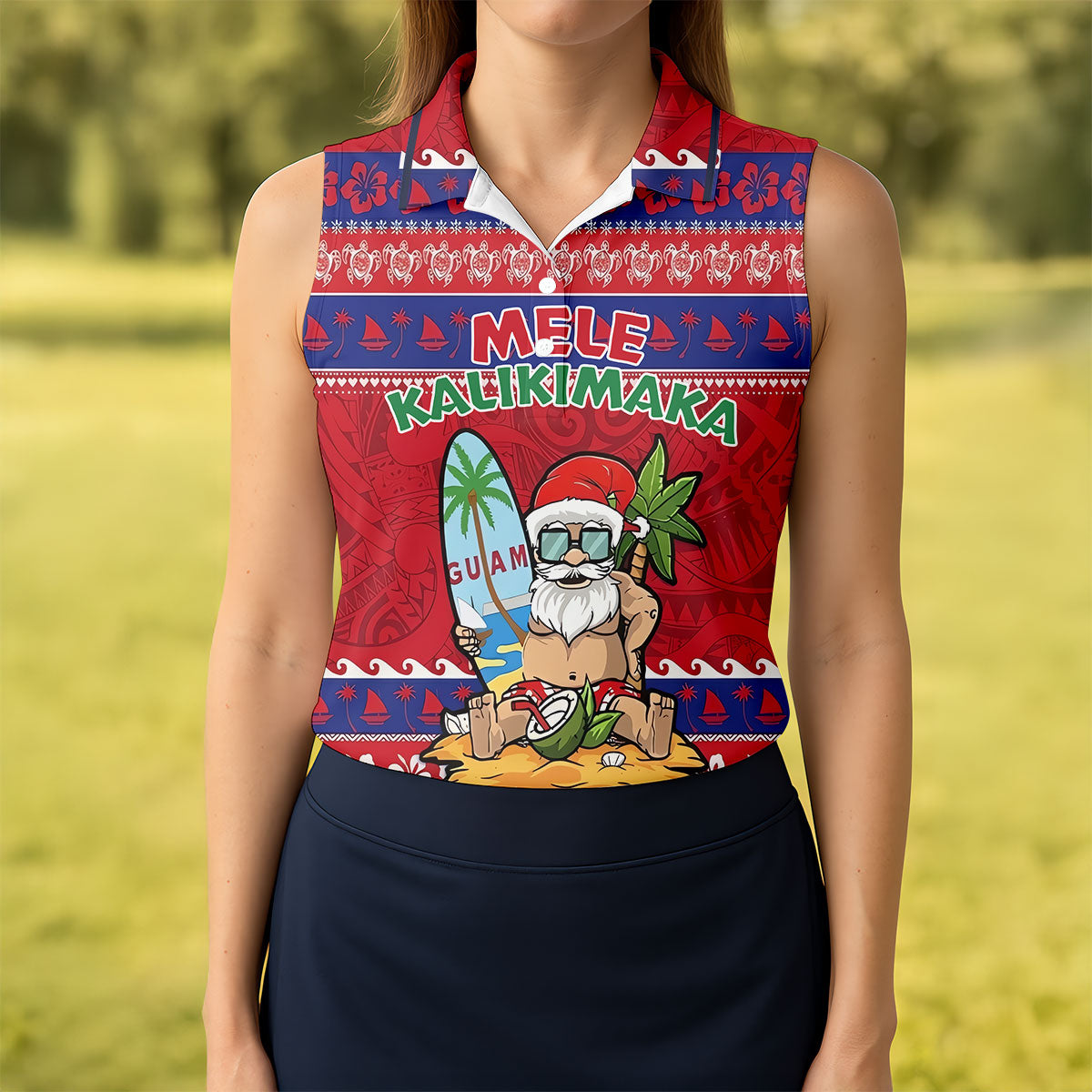 Guam Santa Mele Kalikimaka Christmas Golf Shirt, Women's Golf Tops, Hawaiian Golf Shirt, Golf Shirts For Women