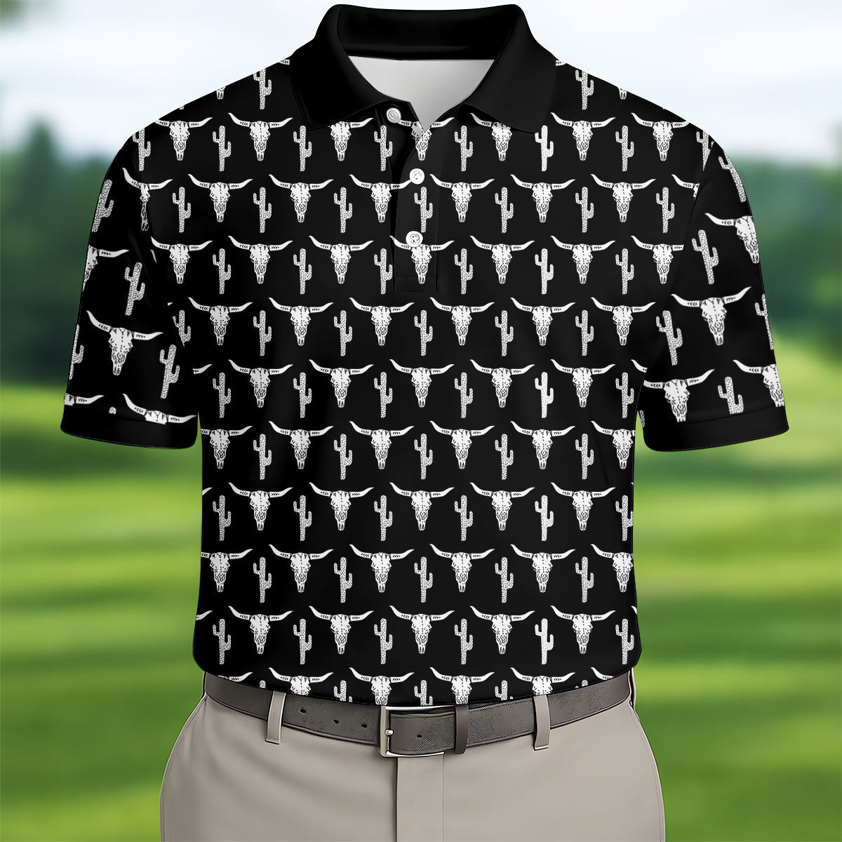 Longhorn Cow Skull Western Theme Black Golf Tops For Men, Polo Shirts For Men, Golf Shirts For Men