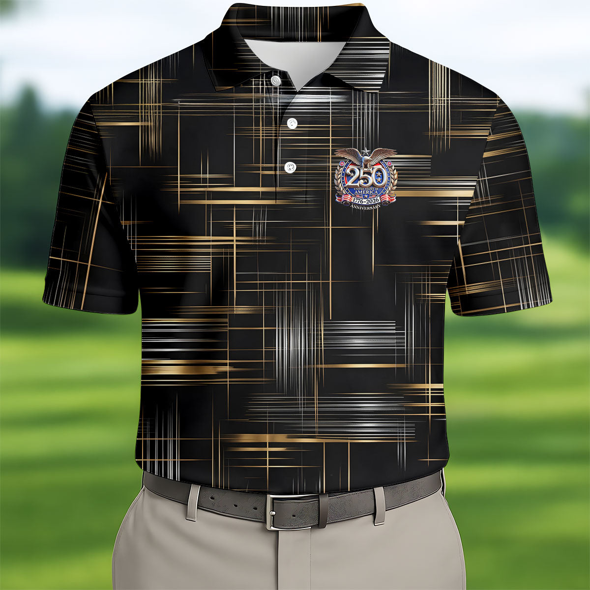 Gold And Silver Grid Pattern Patriotic 4th Of July Golf Shirt, 250 Years Golf Shirts For Men