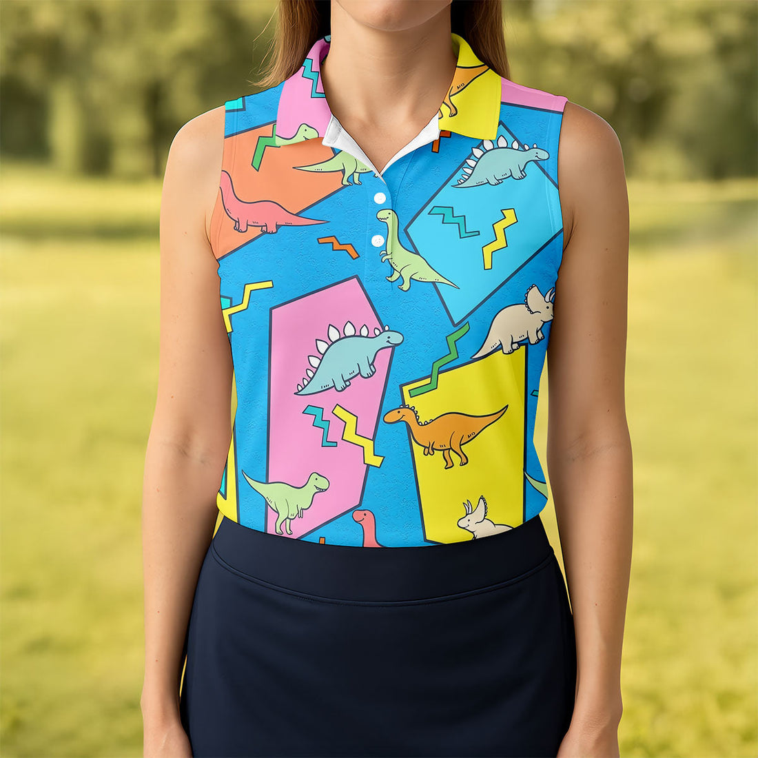 Retro Colorful Dinosaur Pattern Golf Shirt, Women's Golf Tops, Golf Shirts For Women