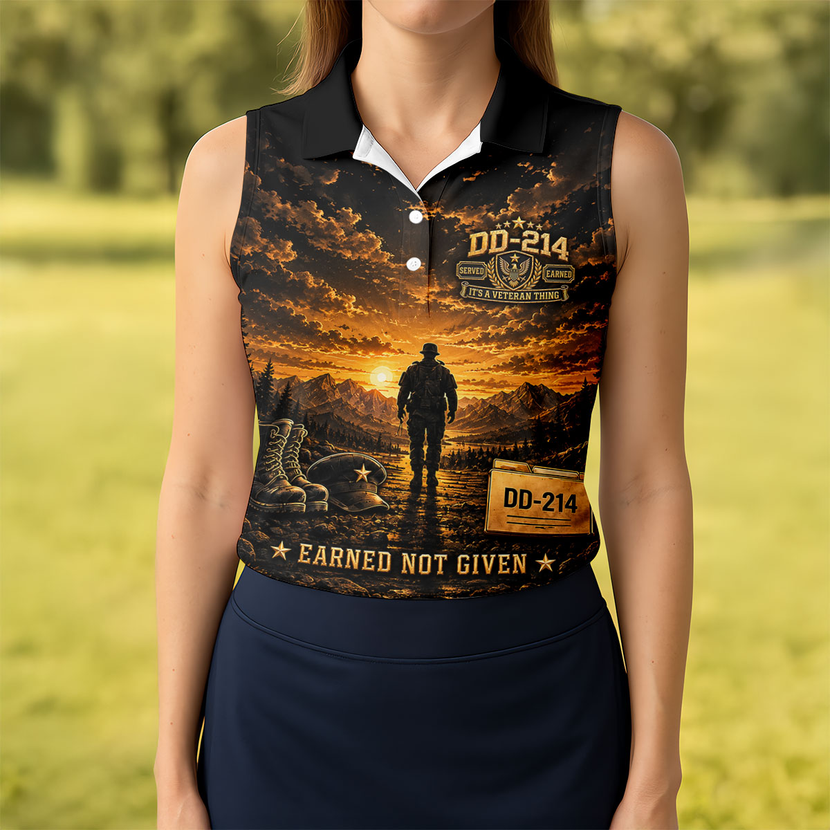 Custom DD-214 Sunset Soldier Golf Polo Shirt, Womens Golf Polo, Veterans Day Shirt