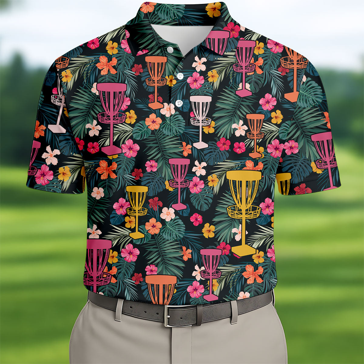 Dark Tropical Disc Golf Basket Polo Shirt, Printed Golf Shirts, Golf Apparel For Men
