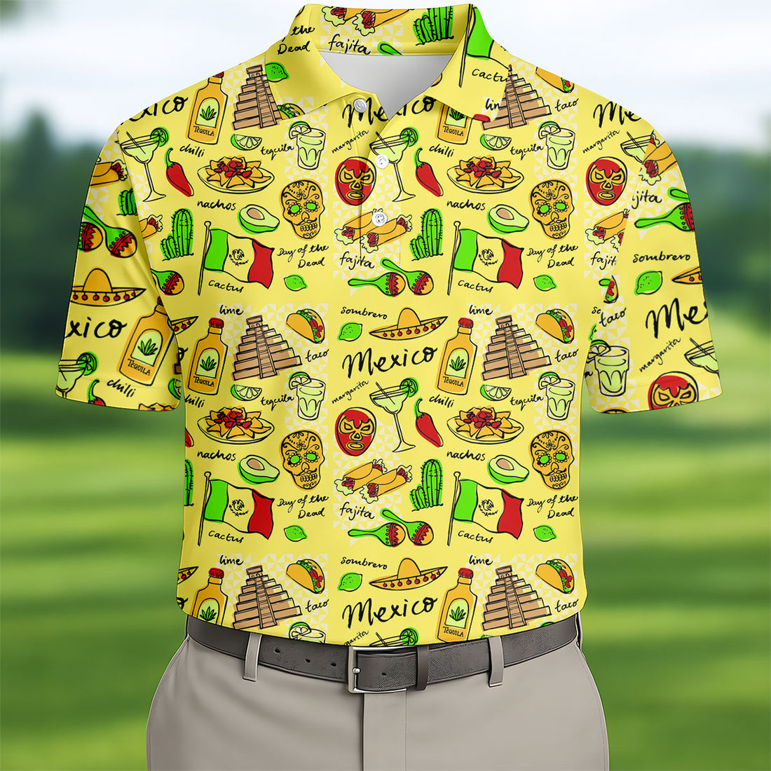 Mexican Cultural Symbols Day Of The Dead Golf Tops For Men, Cinco De Mayo Celebration Golf Shirts For Men