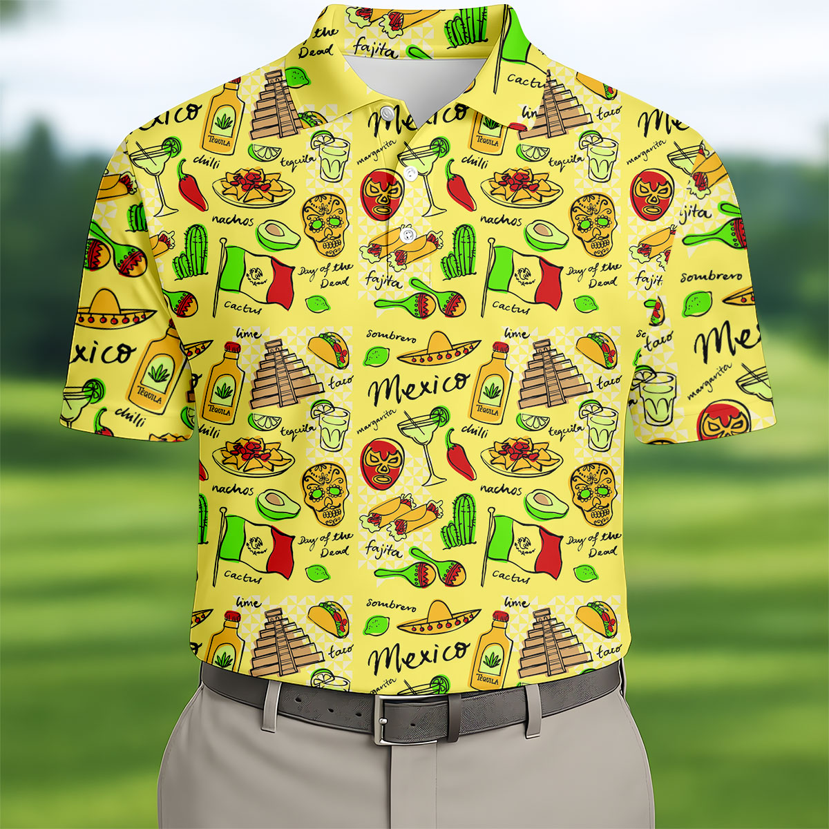 Mexican Cultural Symbols Day Of The Dead Golf Tops For Men, Cinco De Mayo Celebration Golf Shirts For Men