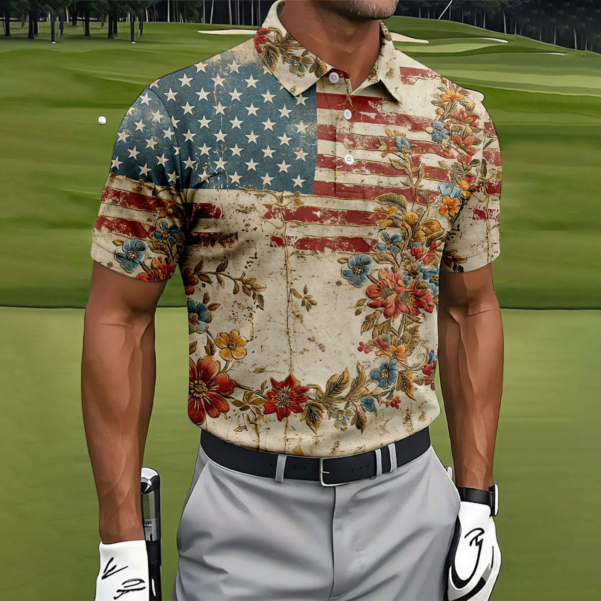 Floral American Flag Vintage Golf Shirt, 250 Years Patriotic 4th Of July Golf Shirts For Men