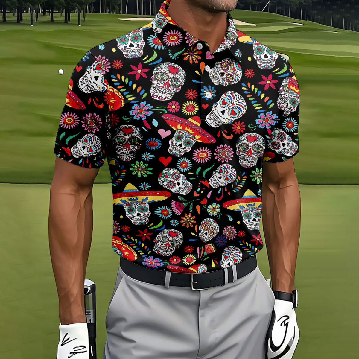 Day Of The Dead FLoral Sugar Skull Cinco De Mayo Celebration Fiesta Themed Golf Shirts For Men