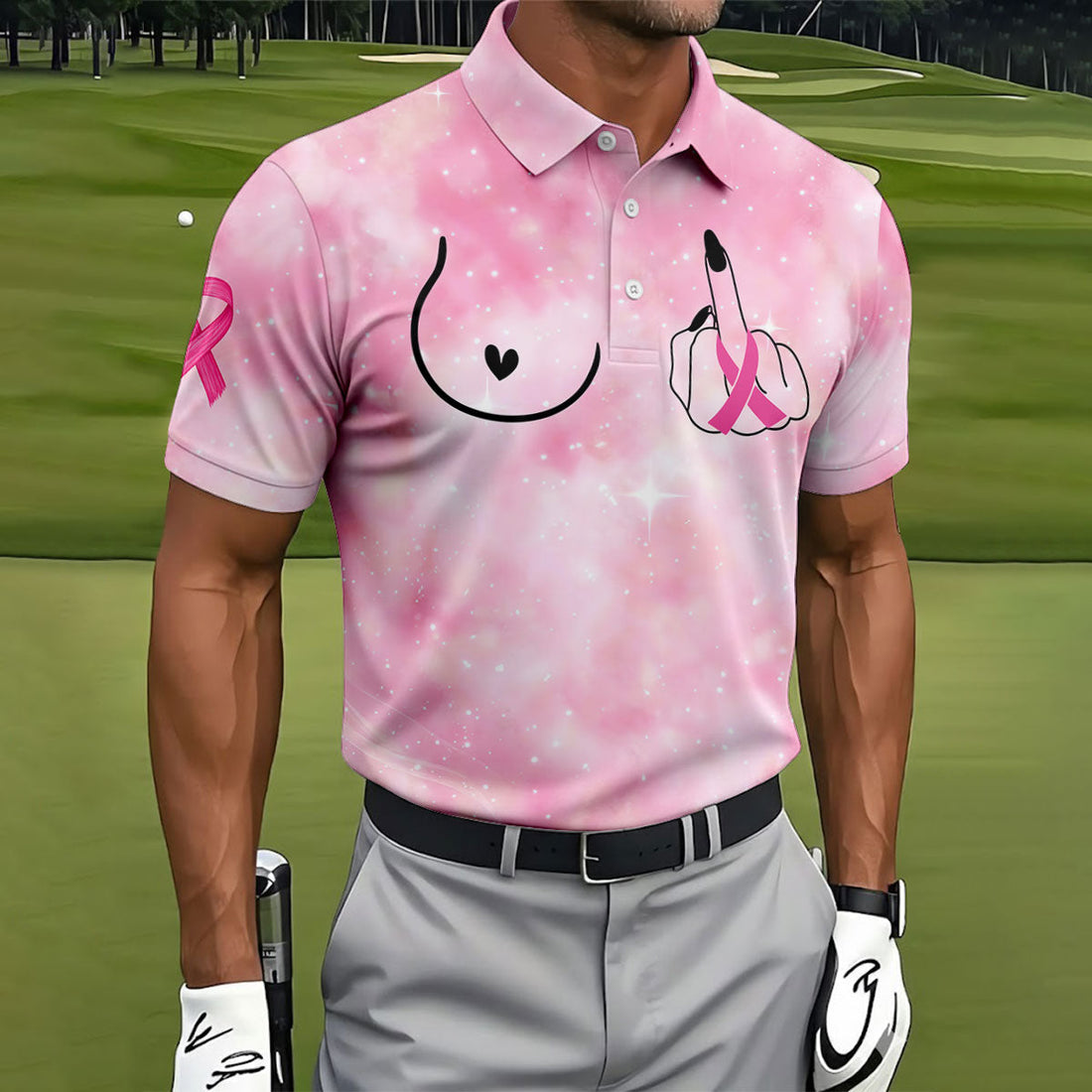 Pink Ribbon Middle Finger Breast Cancer Polo Shirt, Mens Golf Polo, Printed Golf Shirts