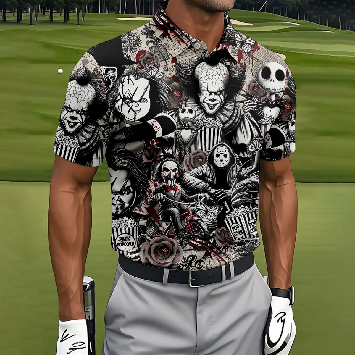 Horror Character Movie Collage Golf Polo Shirt, Men's Golf Polo, Hawaiian Golf Shirt