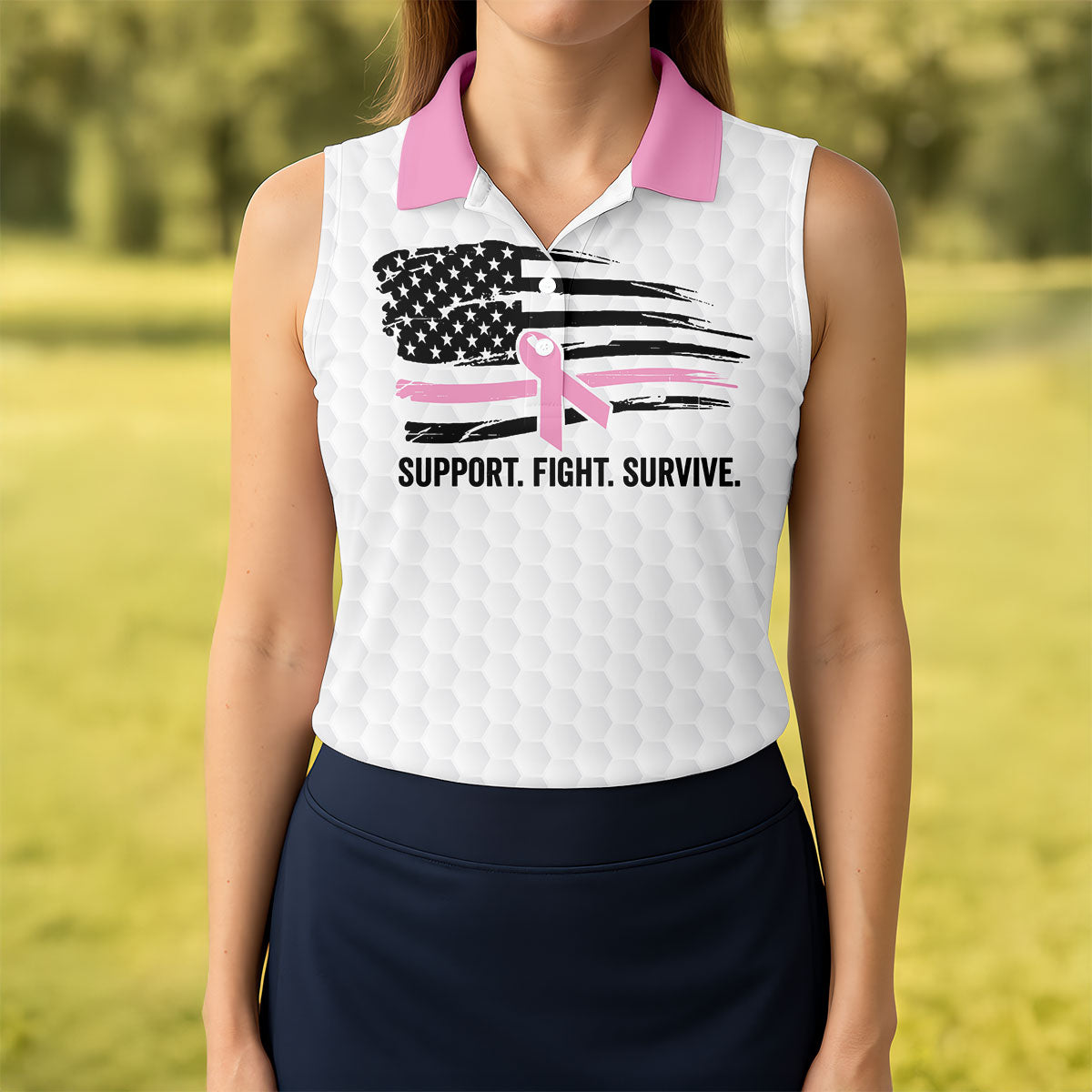 Custom Support Fight Survive Breast Cancer Polo Shirt, Ladies Golf Tops, Women’s Golf Polo