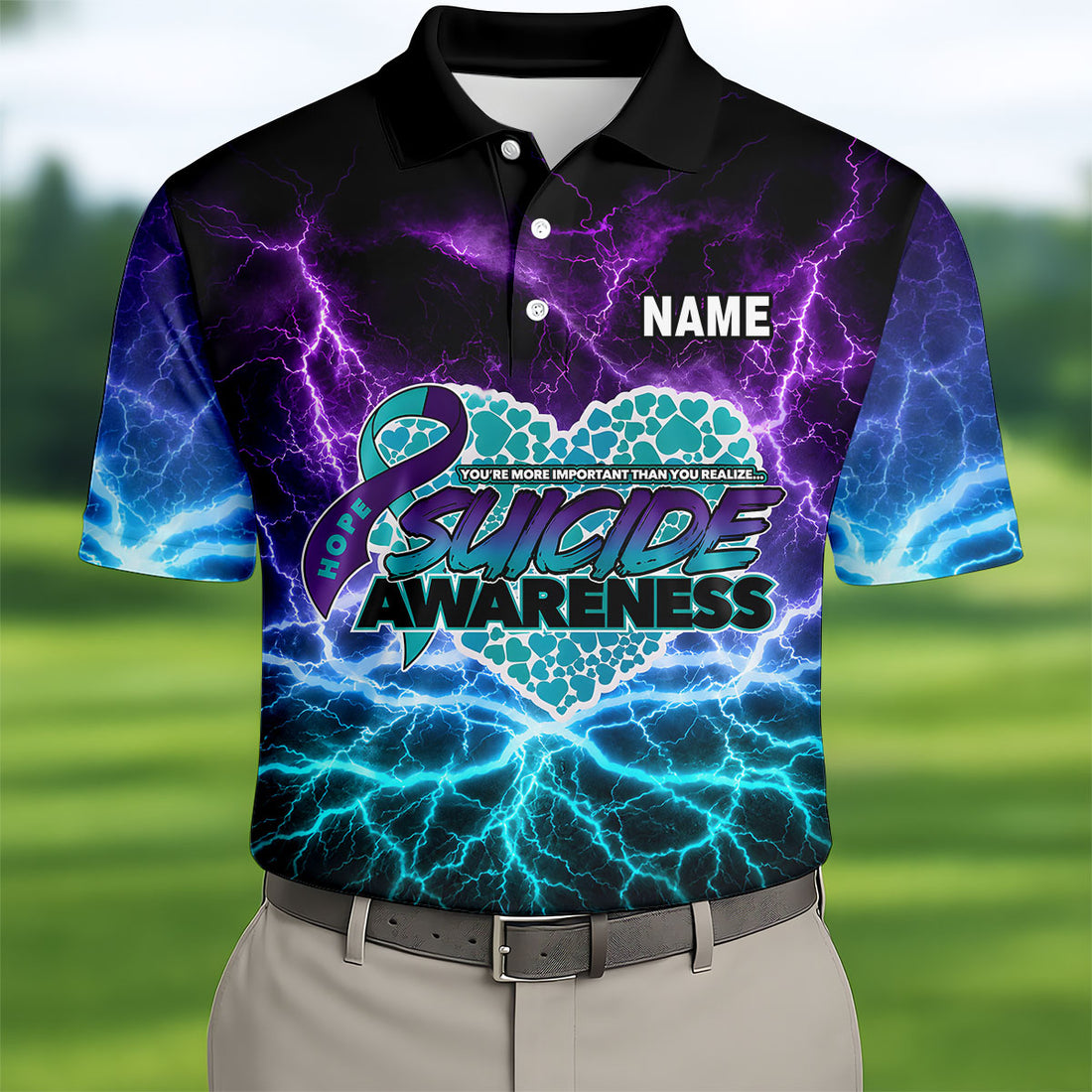 Suicide Awareness Hope Ribbon Lightning Golf Polo Shirt, Mens Golf Polo, Golf Shirts For Men