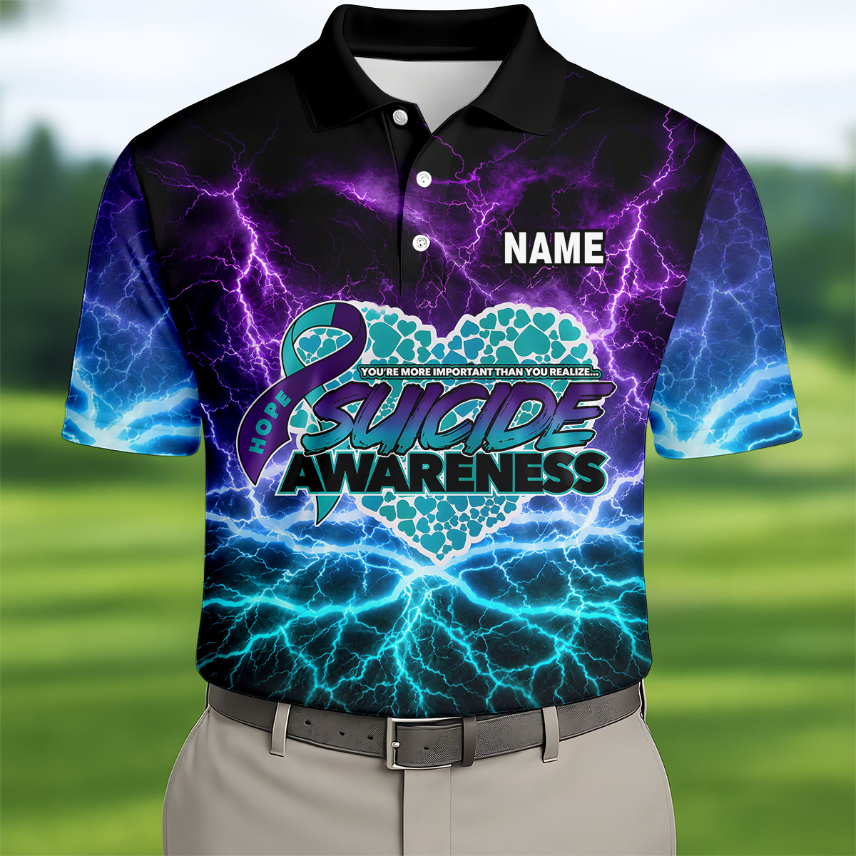 Suicide Awareness Hope Ribbon Lightning Golf Polo Shirt, Mens Golf Polo, Golf Shirts For Men