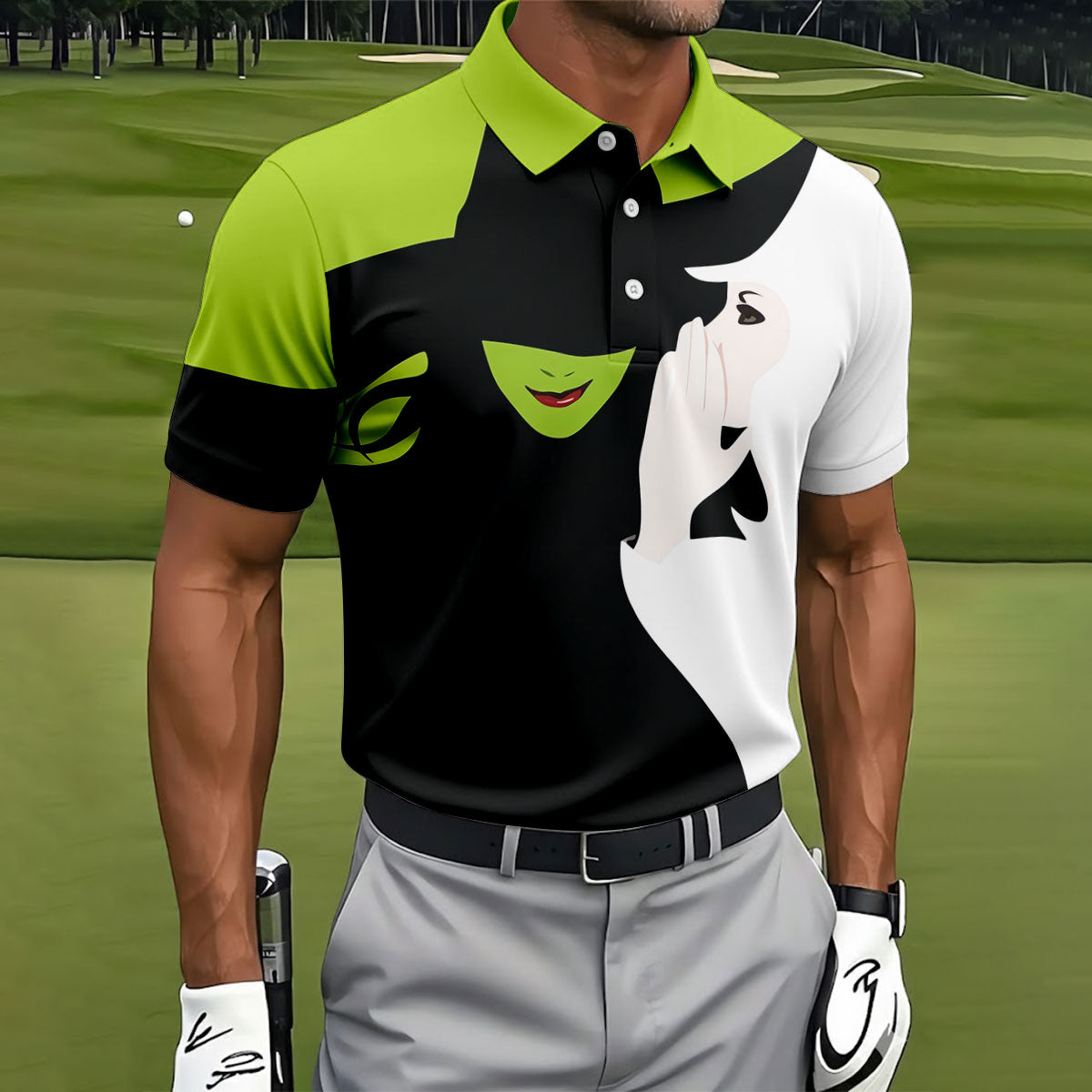 Green & White Witch Faces Halloween Golf Polo Shirt, Golf Apparel, Mens Golf Shirt
