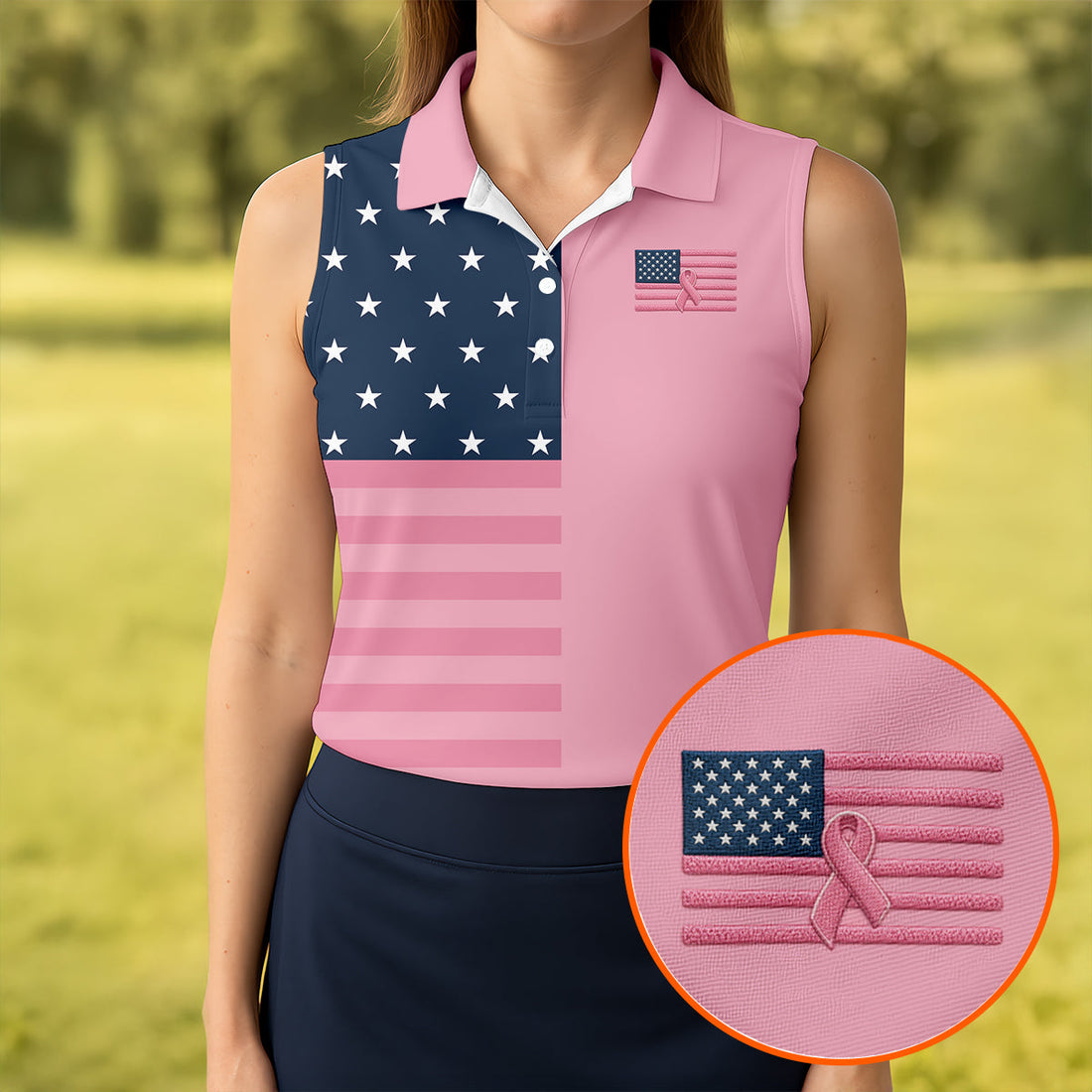 Printed Pink USA Flag Breast Cancer Polo Shirt, Golf Tops For Women, Printed Golf Shirt