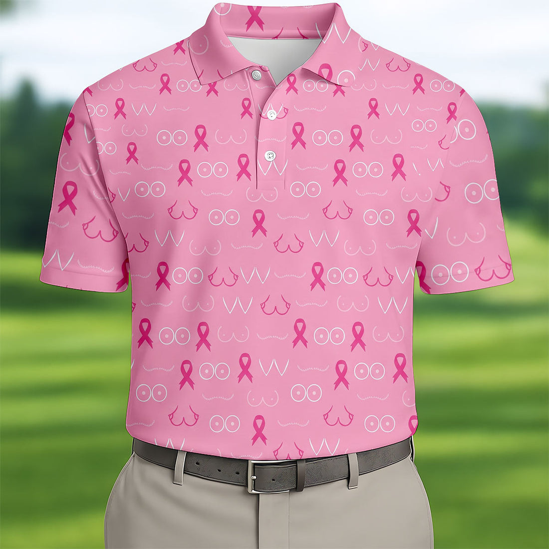 Pink Breast Line Art Breast Cancer Polo Shirt, Men's Golf Shirt, Mens Golf Apparel
