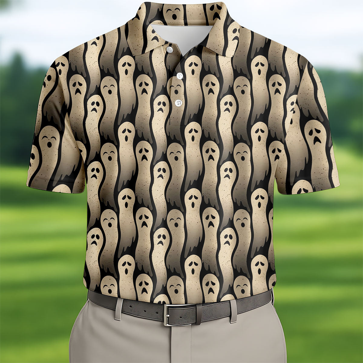 Halloween Ghost Pattern Golf Polo Shirt, Men's Golf Shirts, Hawaiian Golf Shirt