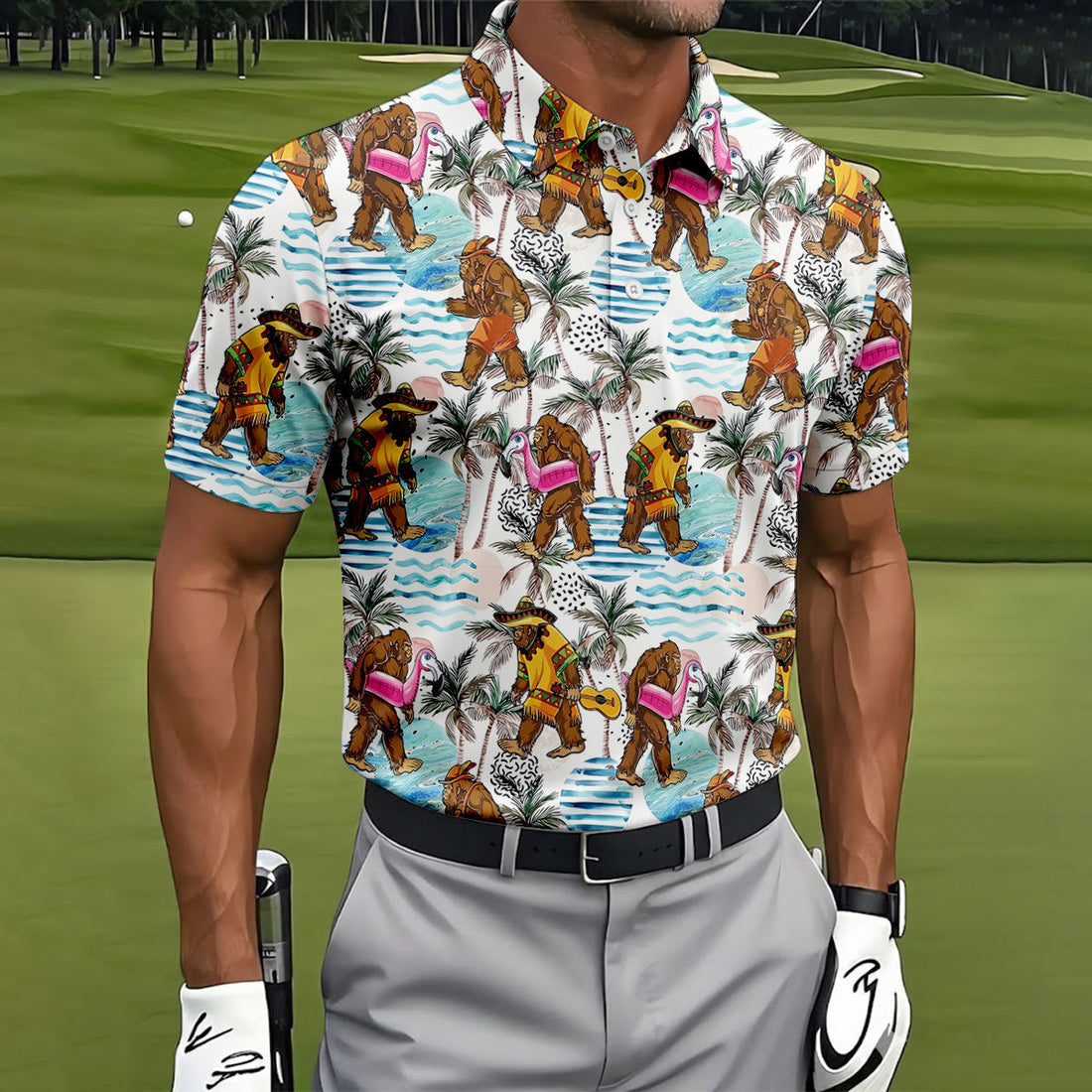 Bigfoot With Flamingo Float And Guitar Tropical Pattern Hawaiian Golf Polo, Golf Gift For Men, Golfing Apparel