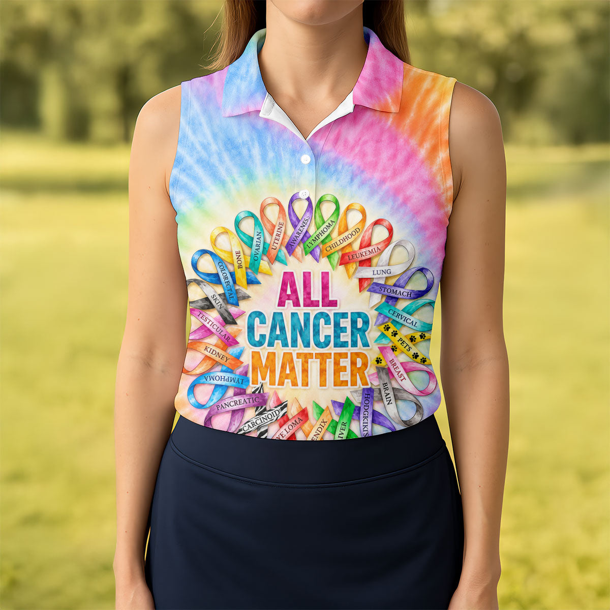 All Cancer Matter Colorful Ribbon Polo Shirt, Ladies Golf Tops, Printed Golf Shirt