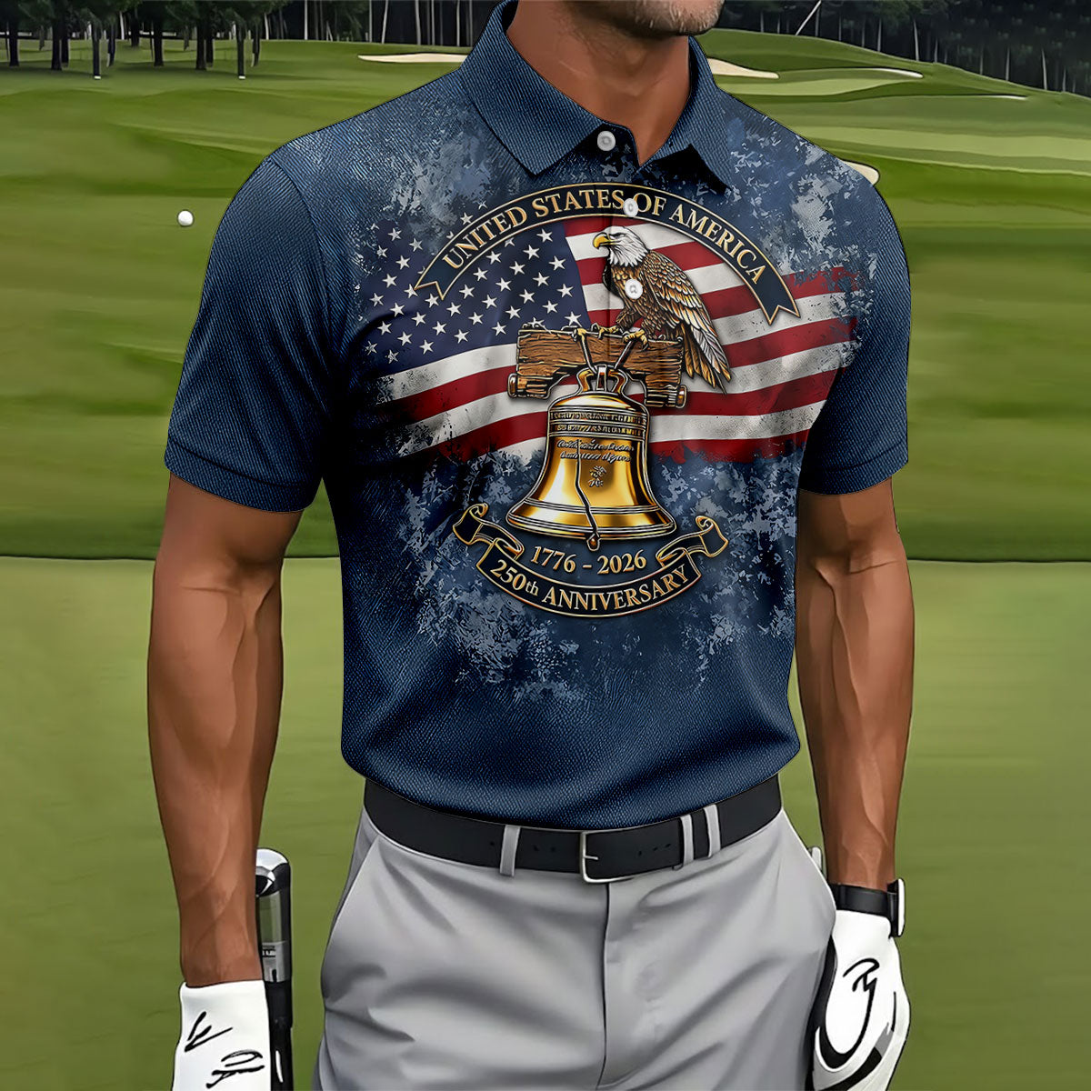 Patriotic Bald Eagle Liberty Bell Distressed Golf Shirt, 250 Years 4th Of July Golf Shirts For Men