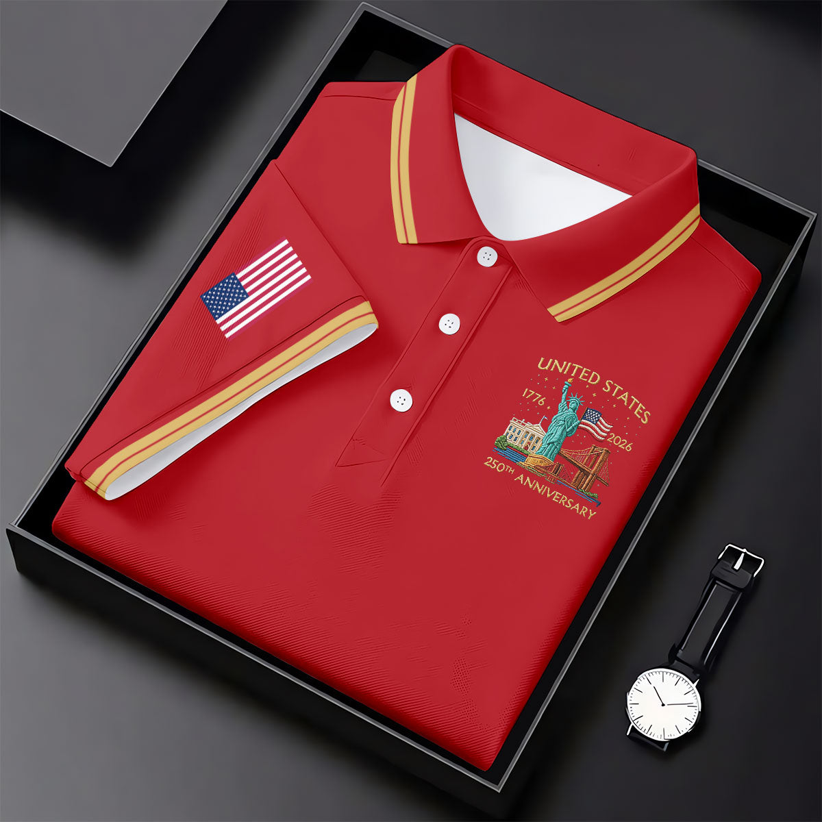 American Symbols Red Patriotic Golf Shirt, US 250 Years 4th Of July Golf Shirts For Men
