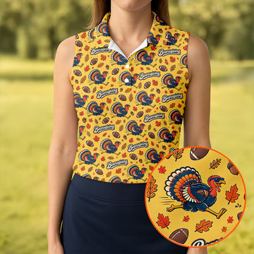 Yellow Turkey Leaves Thanksgiving Golf Shirt, Ladies Golf Shirts, Womens Golf Apparel