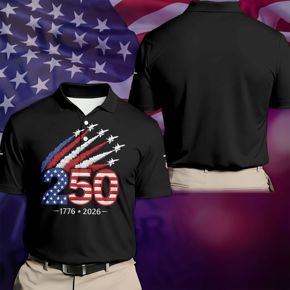 Flying Fighter Jets Faith Cross Patriotic 4th Of July Black Golf Shirt, 250 Years Golf Shirts For Men