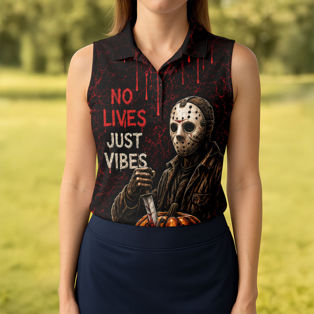 No Lives Just Vibes Halloween Horror Character Shirt, Golf Shirts For Women, Printed Golf Shirt
