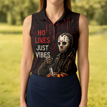 No Lives Just Vibes Halloween Horror Character Shirt, Golf Shirts For Women, Printed Golf Shirt