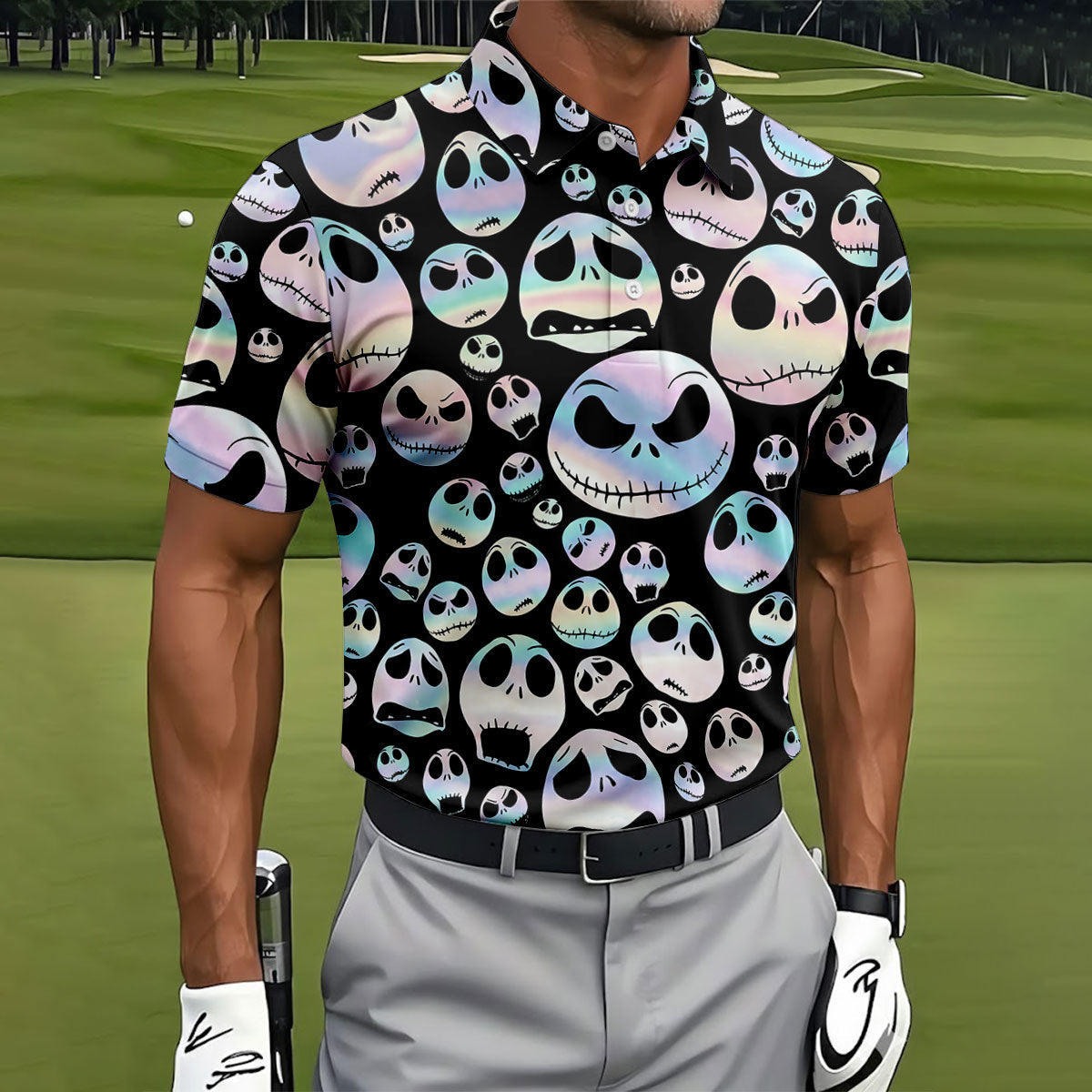 Black Horror Character Skull Face Pattern Golf Polo Shirt, Mens Golf Polo, Printed Golf Shirts
