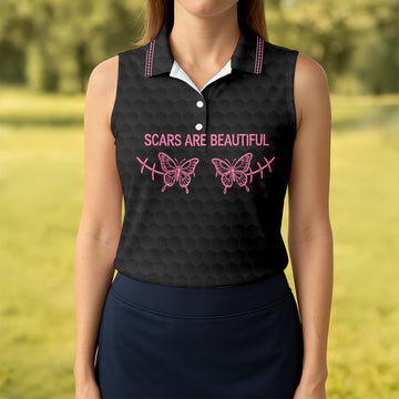 Scars Are Beautiful Ribbon Breast Cancer Polo Shirt, Womens Golf Tops, Ladies Golf Shirts