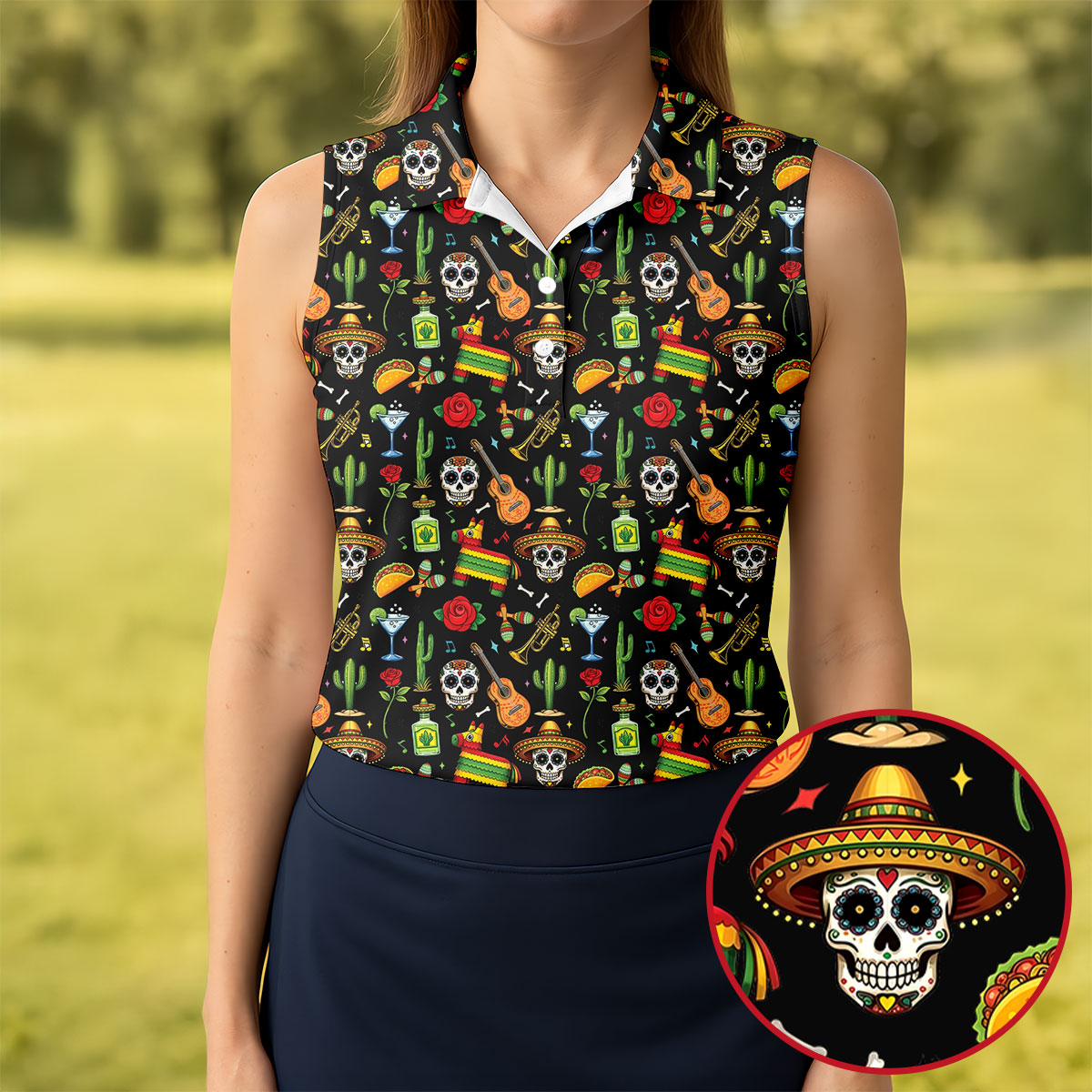 Decorated Skulls Party Items Cinco De Mayo Celebration Fiesta Themed Black Golf Shirt For Women