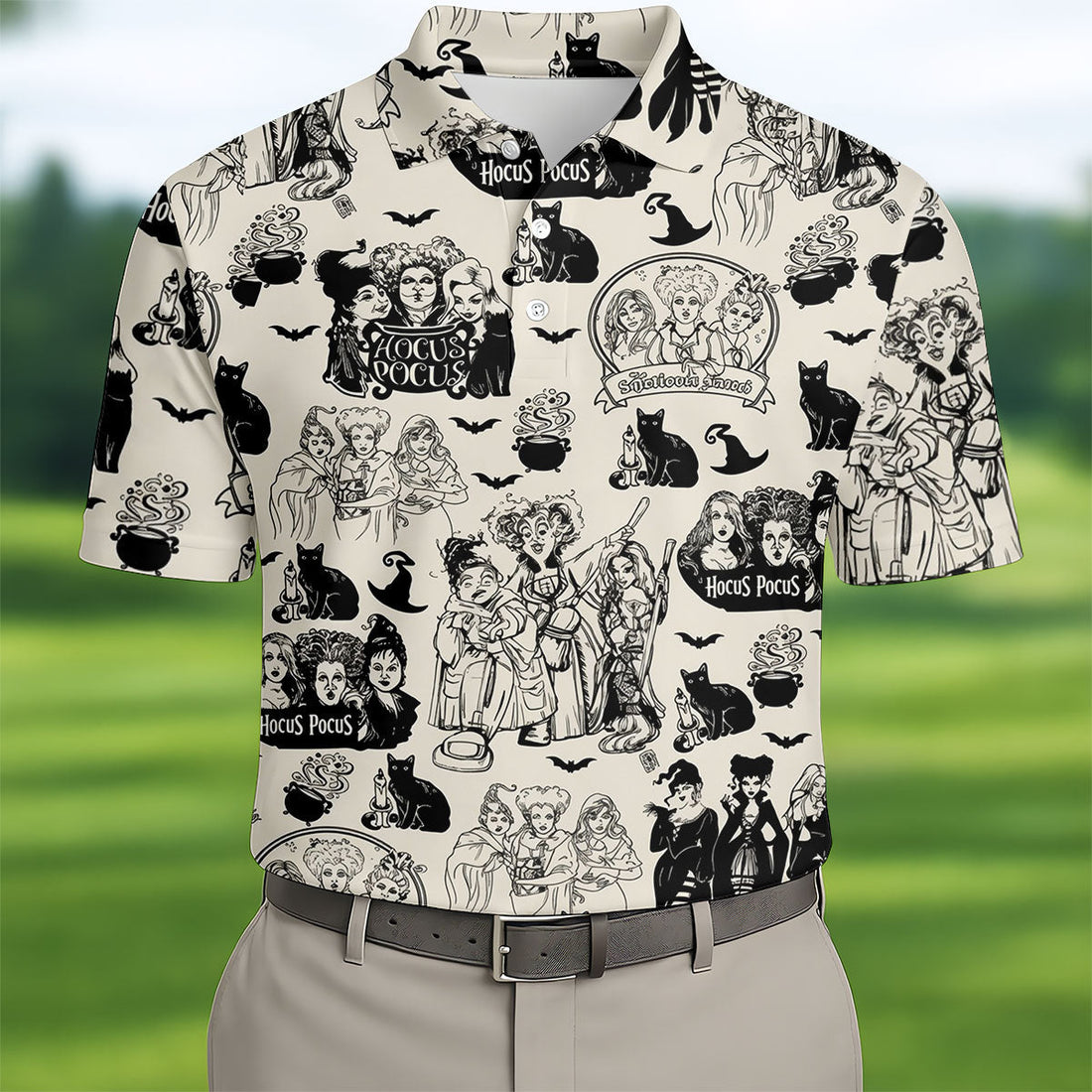 Witch Sisters Black Cat Halloween Polo Shirt, Golf Polo Shirts For Men, Mens Golf Apparel