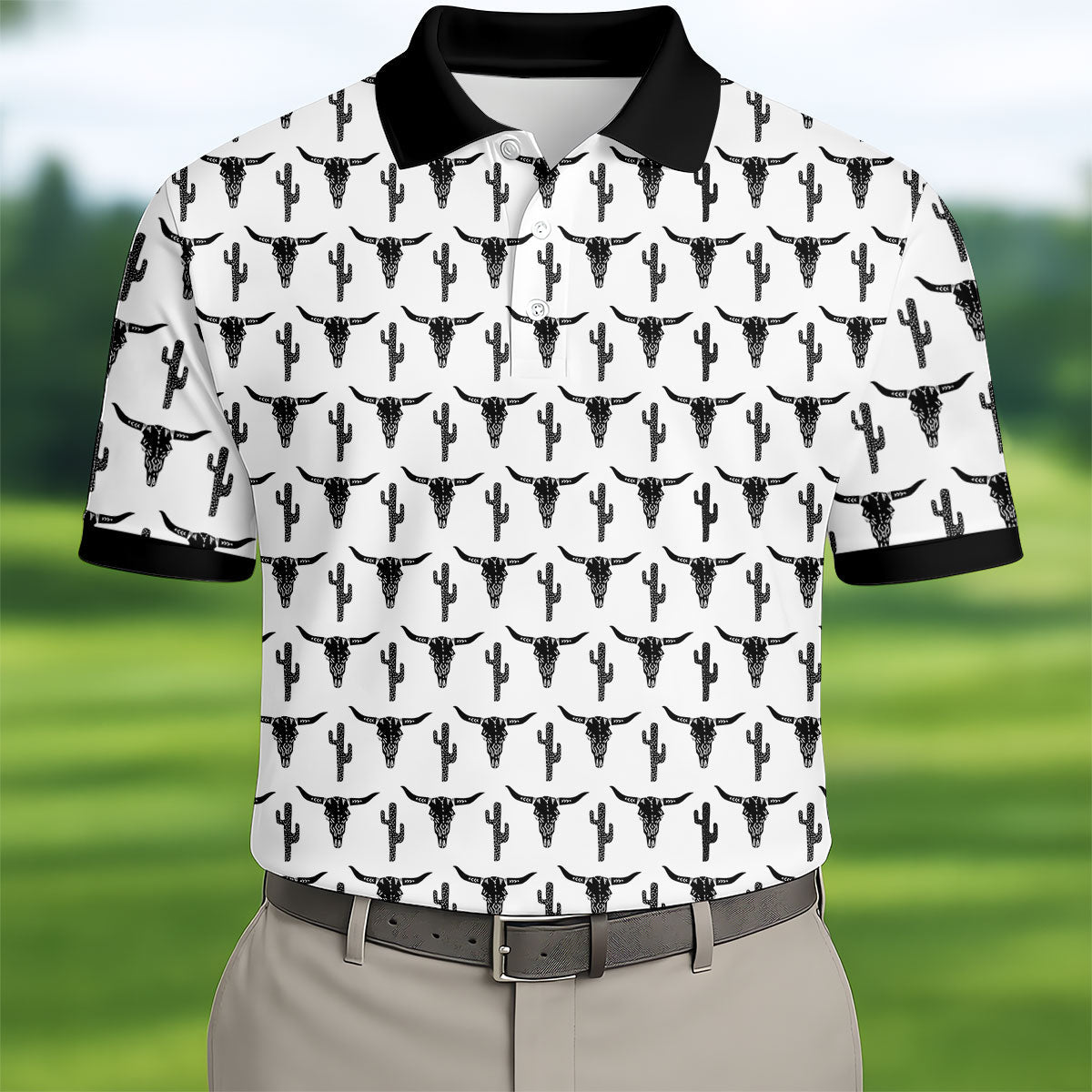 Longhorn Cow Skull Western Theme White Golf Tops For Men, Polo Shirts For Men, Golf Shirts For Men