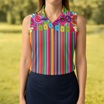 Mexican Serape Pattern Ladies Golf Tops, Cinco De Mayo Celebration Golf Shirt For Women