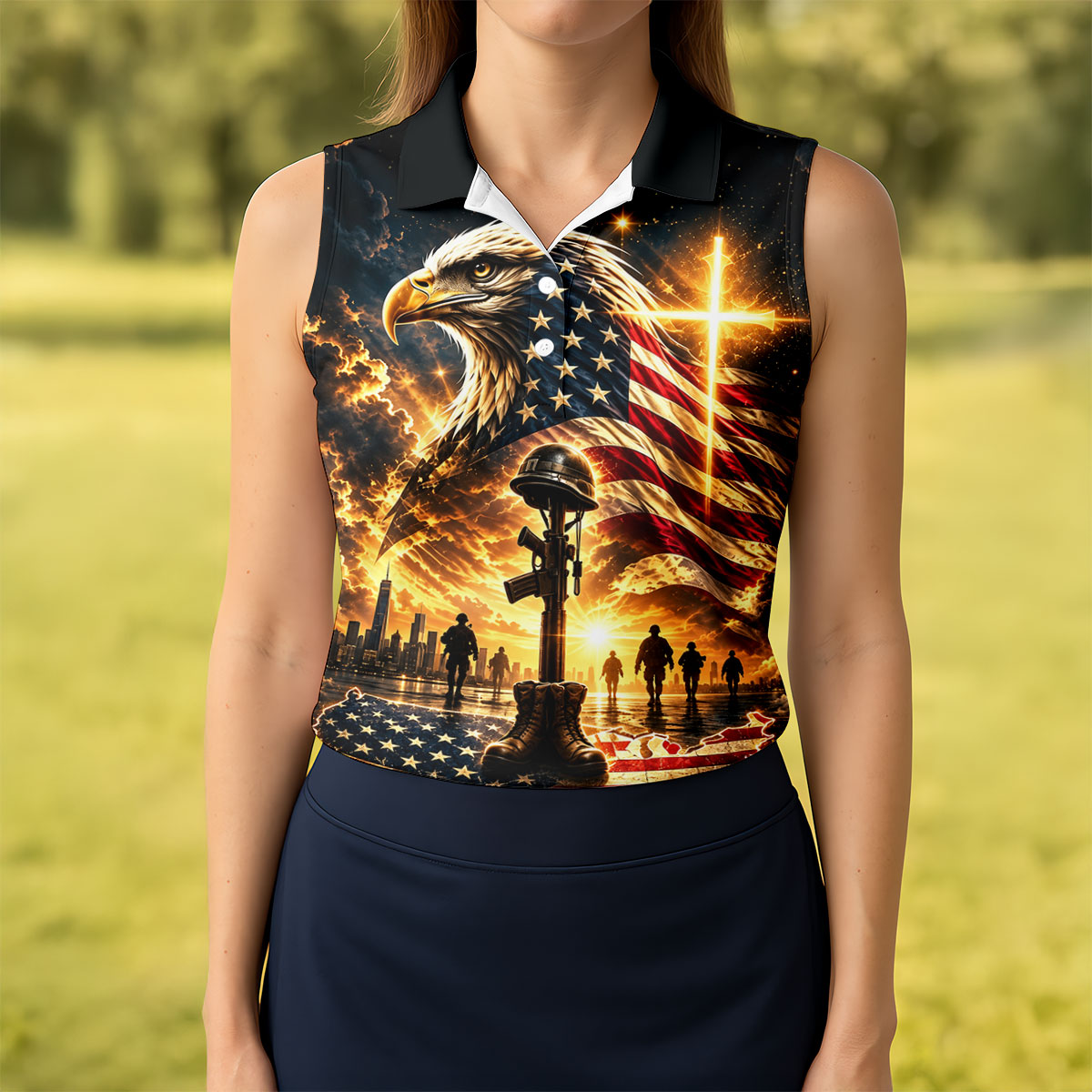 Eagle Cross Soldier Memorial Golf Polo Shirt, Womens Golf Tops, Veterans Day Shirt