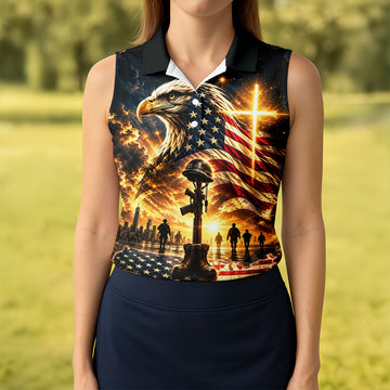 Eagle Cross Soldier Memorial Golf Polo Shirt, Womens Golf Tops, Veterans Day Shirt