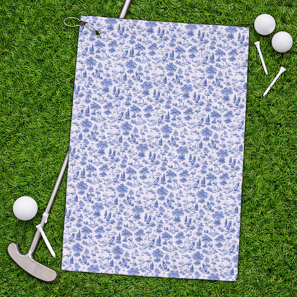 Toile De Jouy Flamingo Golf Towel, Crazy Pink Golf Towels, Golf Gift For Golfer