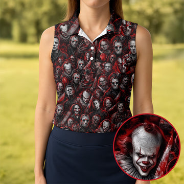 Red Horror Character Clown Collage Golf Polo Shirt, Womens Golf Tops, Ladies Golf Shirts